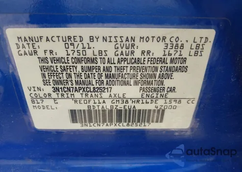 2012 Nissan Versa 1.6 Sv z USA, uszkodzony, nr VIN 3N1CN7APXCL825217